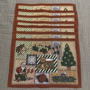 Tapestry Placemat Set Of 7 Vintage Christmas Red Boarder Santa Tree Candy Cane